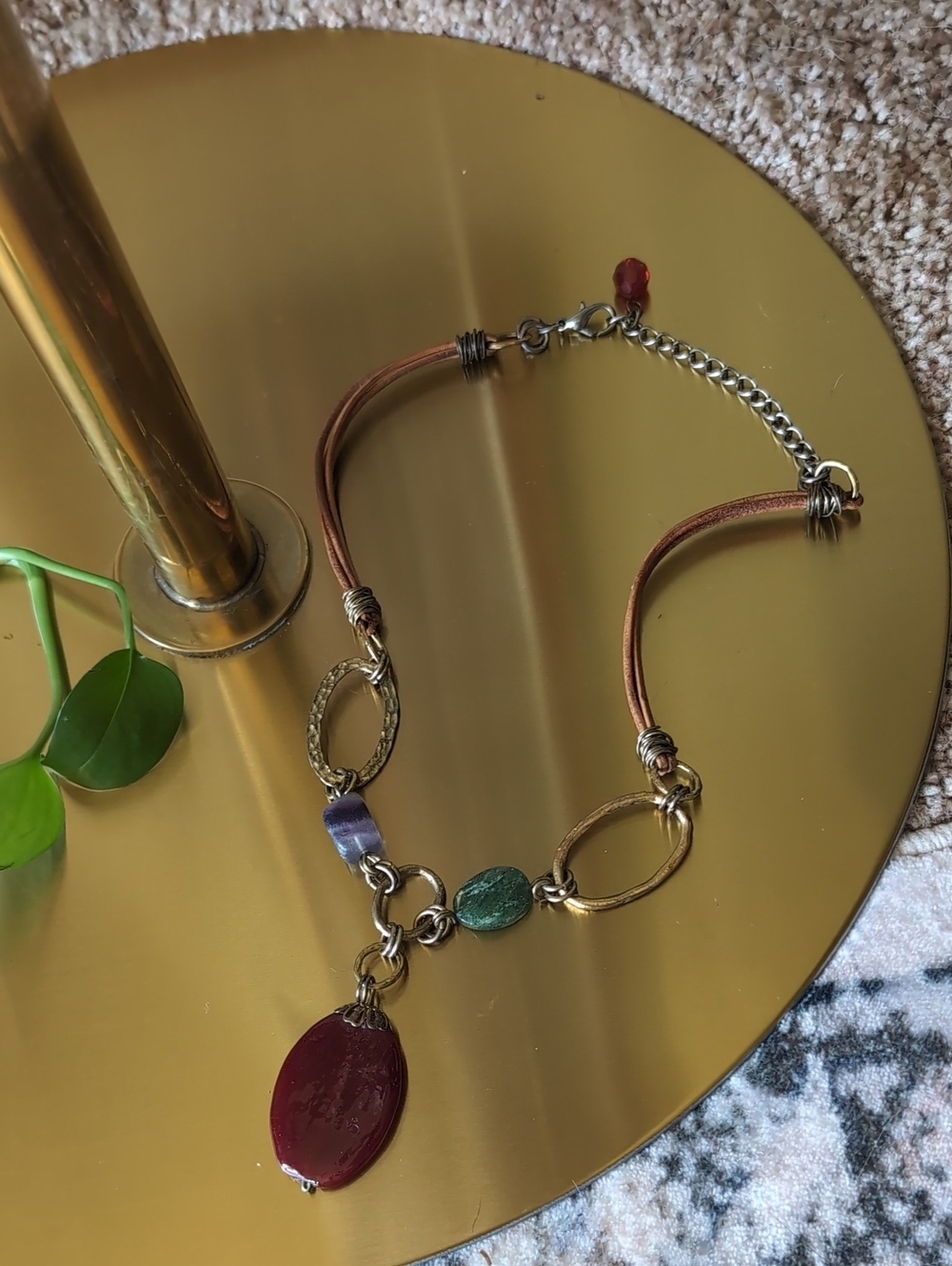 Vintage-Inspired Brown Cord Necklace with Red Pendant and Accent Beads